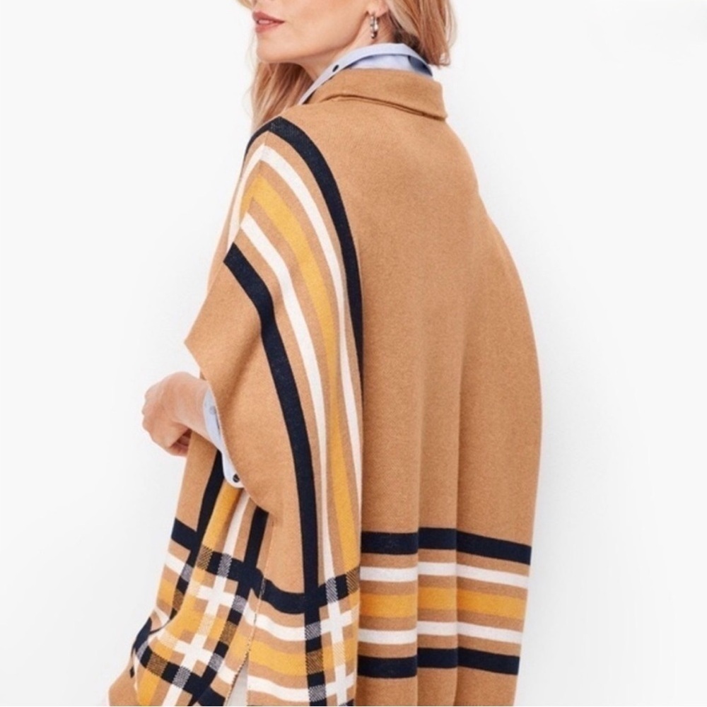 TALBOTS Sabrina poncho sweater preppy classic fall tan navy mustard EUC sz M/L - Picture 2 of 15